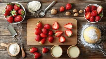 A beautiful arrangement of fresh strawberries and cake tools on a wooden cutting board for a modern cake-making workshop.