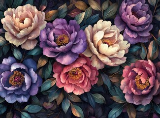 Poster - A stunning arrangement of peonies showcases their vibrant colors, with rich purple, pink, and cream blooms contrasted by dark green leaves, creating a captivating floral display