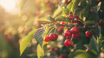 Cherry tree branch close up, fruit orchard background with copy space