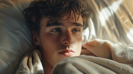 Canvas Print - Close-up Portrait of a Young Man Lying in Bed, Covered by a Blanket