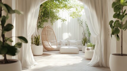 Poster - A tranquil indoor garden features bright, airy curtains, lush hanging plants, and a cushioned chair, creating a peaceful retreat filled with natural light