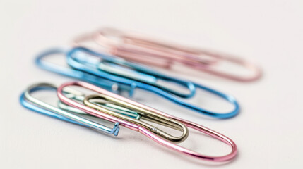 Colorful paper clips in shades of blue and pink are arranged on light background, showcasing their sleek design and functionality. These office supplies add touch of color to any workspace