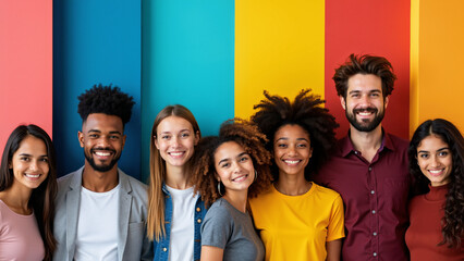 Diverse group portrait against colorful backdrop: Inclusive team concept for corporate diversity campaigns
