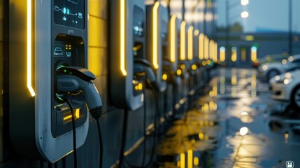 Closeup view of electric fleet charging stations at a company s vehicle depot showcasing the modern infrastructure and technology solutions for sustainable transportation and electrified mobility