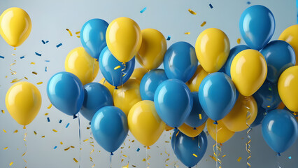 Blue and yellow balloons with confetti and ribbons.