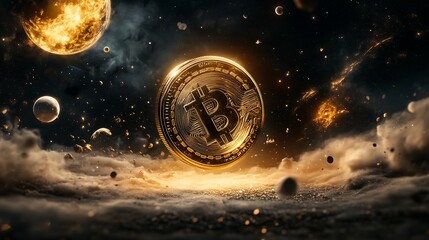 A golden coin bitcoin it is floating in space. The scene is filled with stars and planets, creating a sense of wonder and adventure. The coin appears to be floating in a cloud of dust