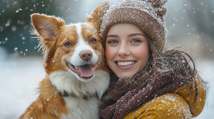 Wall Mural - A young woman wearing a warm hat embraces her happy corgi as they enjoy a snowy day together, surrounded by soft, falling snowflakes