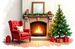 © Kislinskaia - Burning fireplace, cozy chair and an elegant Christmas tree on a white background. Illustration