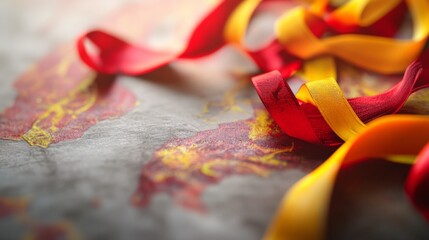 An empty scene featuring Karnataka's map outlined in vibrant red and yellow ribbons, creating an ideal product mockup space, 