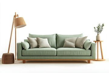 A light green sofa with pillows, next to a wooden lamp and table with plant, in a minimalist setting.