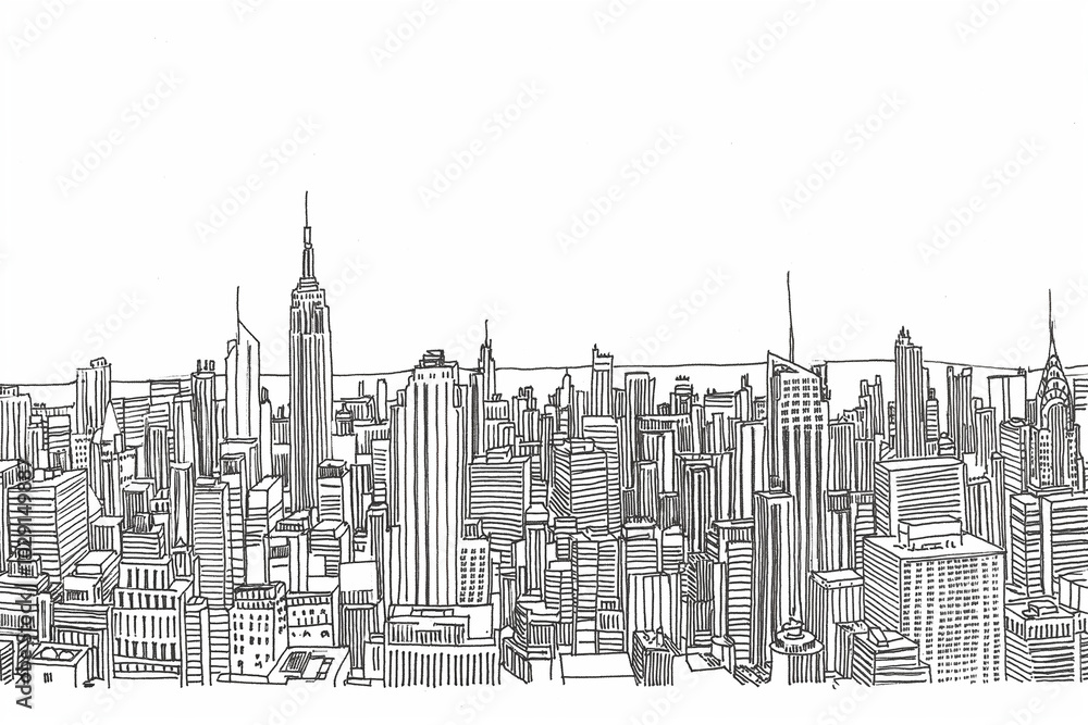Minimalist black and white line drawing of a city skyline, showcasing ...