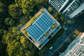 Aerial view of an office building with solar panels on the rooftop ,Overhead perspective of a building equipped with solar panels on the roof, highlighting eco-friendly architecture.