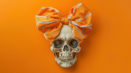 Decorated Skull with Orange Striped Bow on Orange Background