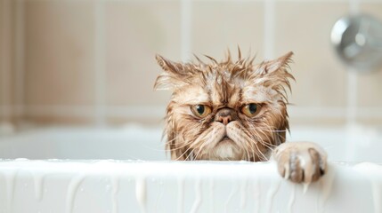 Grumpy wet cat sitting in bathtub, taking a bath at home in bathroom. Pet care