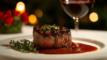 An elegant arrangement of a juicy steak with herb accents and rich sauce on a simple dining table, complemented by a softly lit wine glass for a romantic dinner setting.