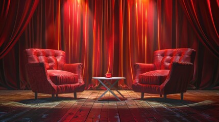 Illustration of two red retro armchairs and coffee table on stage with red curtains. Talk show, meeting and discussion concept