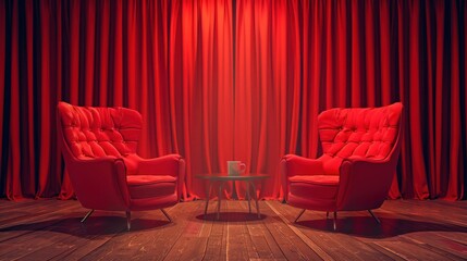 Illustration of two red retro armchairs and coffee table on stage with red curtains. Talk show, meeting and discussion concept