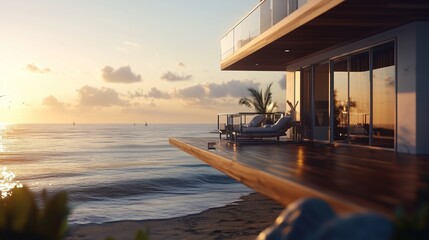 Wall Mural - a tranquil sunset view from a beachfront terrace overlooking the calm ocean waters and distant sailb
