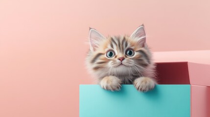 Cute fluffy kitten with big blue eyes peeking out of a blue gift box against a pink background.