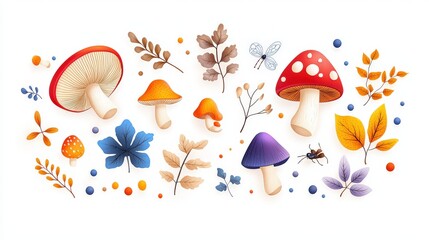 Colorful mushroom collection with Boletus, Chanterelles, and Fly Agarics, artistically arranged in a whimsical style, perfect for nature-themed illustrations.