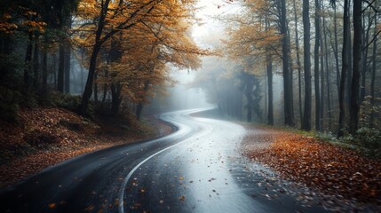 Leinwandbilder - A winding road cuts through a tranquil forest in autumn, with fog softly enveloping the trees. Vibrant orange and yellow leaves blanket the ground, creating a serene atmosphere in the early morning.