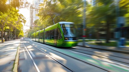 Electric green tram driving in green city downtown, motion blur. Eco friendly sustainable public transport