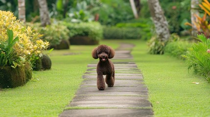 A brown poodle walks on a stone path in a lush green garden with palm trees.