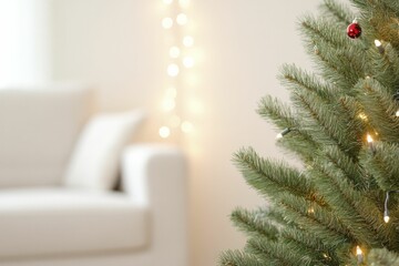 Poster - A stunningly adorned Christmas tree stands in a snug living room, creating a warm and festive ambiance that brings joy to everyone who enters.