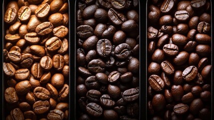 Light roast, medium roast, and dark roast coffee beans cascading out of a modern coffee roaster, captured with rich contrast and vibrant color.