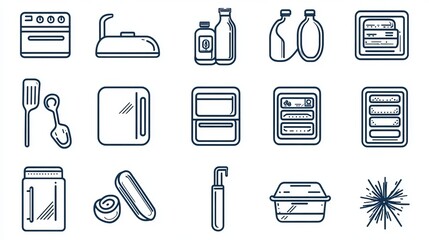 A vector line icon set featuring fridge and freezer-related symbols. The collection includes icons for freezing and refrigeration, highlighting elements such as a refrigerator, defrosting