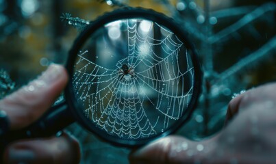 Photographer capturing macro shot of a dew-covered spider web through a magnifying lens, natural beauty 4K hyperrealistic photo.