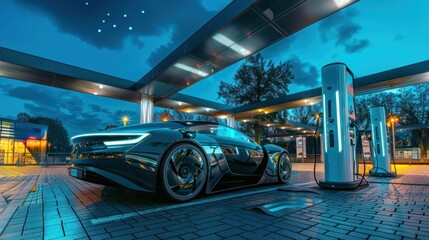 Futuristic car parked at hydrogen refuelling station. Hydrogen fuel charging station. Green energy and zero emission transport