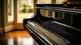 grand piano with a glossy black finish, close up