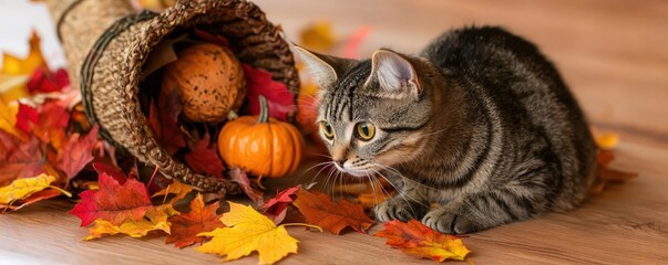 Curious cat exploring autumn leaves and a cornucopia filled with pumpkins.