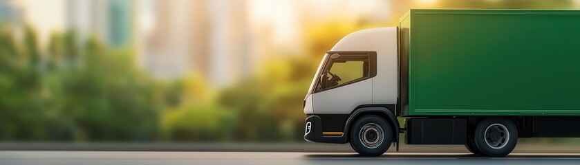 Green delivery truck on the road with blurred city background, white isolated background.