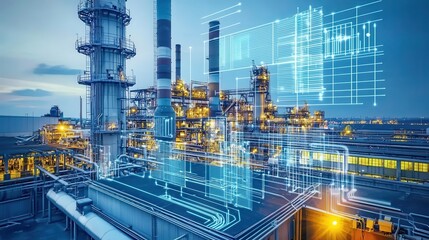 modern industrial facility with digital overlay and energy production elements.