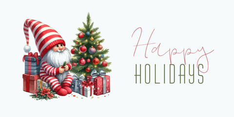 Wall Mural - Merry Christmas watercolor card with cute Santa gnome.