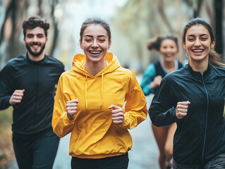 Group of friends participating in a charity run, supporting each other and the cause.