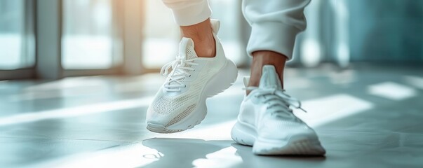 Man with sports shoes, white background, fitness footwear