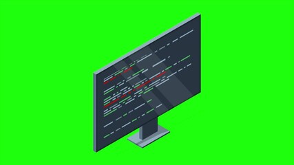 Wall Mural - isometric monitor with program code on screen animation. programming concept. web development. 4k vi