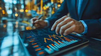 Wall Mural - a man is using a tablet to type on a screen with a lot of numbers and graphs. concept of focus and c