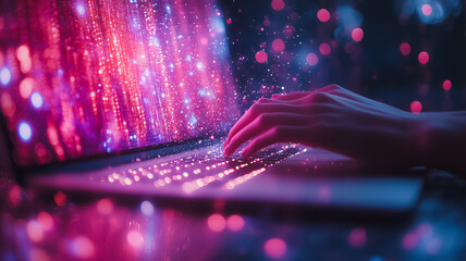 Wall Mural - a person is typing on a laptop with a pink background. concept of creativity and productivity, as th