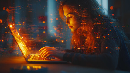 Wall Mural - a woman is typing on a laptop in a cityscape. the image is a digital representation of a woman's fac
