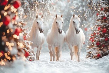 Wall Mural - three white horses standing in snow with christmas trees
