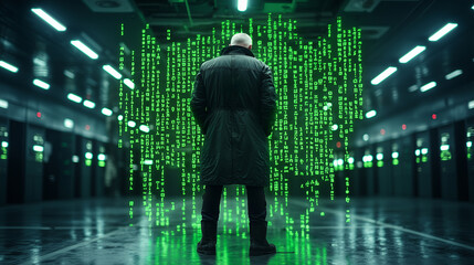 Aufkleber - figure stands in dark room, facing wall of green, cascading code, evoking sense of mystery and intrigue. atmosphere is charged with digital energy, suggesting connection to technology and encryption