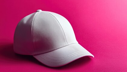 Wall Mural - A white baseball cap rests on a vibrant pink background, showcasing its simple design and versatility for casual wear.