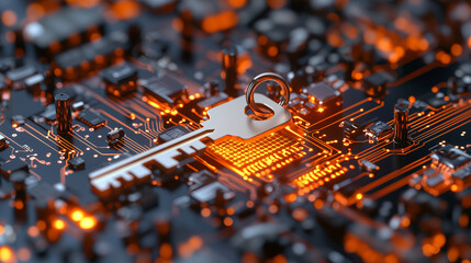 Poster - digital key rests on circuit board, symbolizing data ownership and security in technology. glowing circuits enhance futuristic feel of this abstract representation