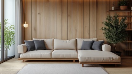 Wall Mural - Minimalist Living Room with Beige Corner Sofa and Wooden Panel Wall