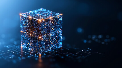 Aufkleber - glowing cube made of interconnected particles shines in blue light, symbolizing technology and innovation. Its intricate design evokes sense of digital advancement and creativity