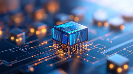 Poster - futuristic microchip glowing in blue light, surrounded by intricate circuit patterns and glowing connections, symbolizes advanced technology and innovation